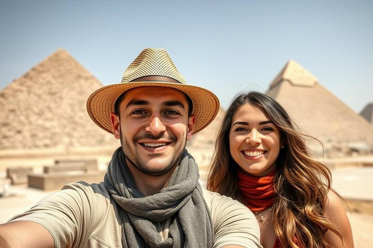 a man and a woman posing in front of pyramids
