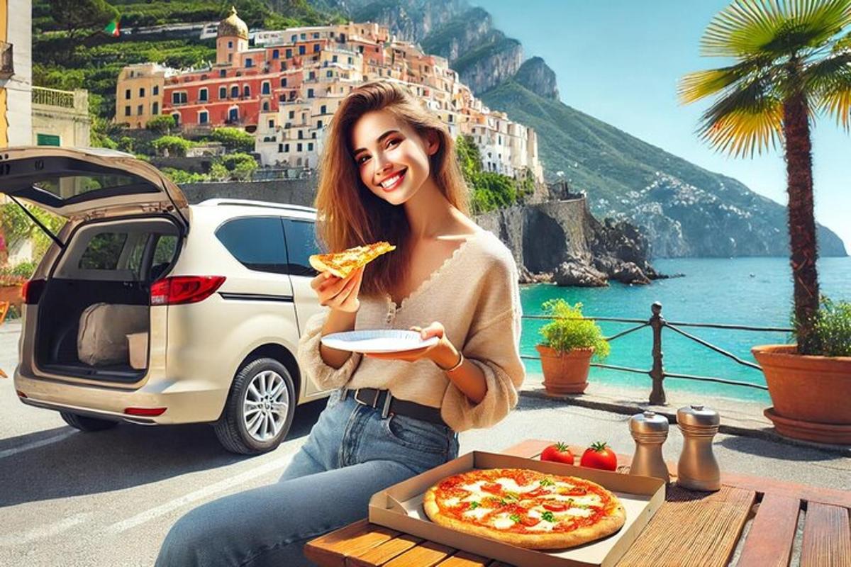 ženska je kos pice pred avtomobilom