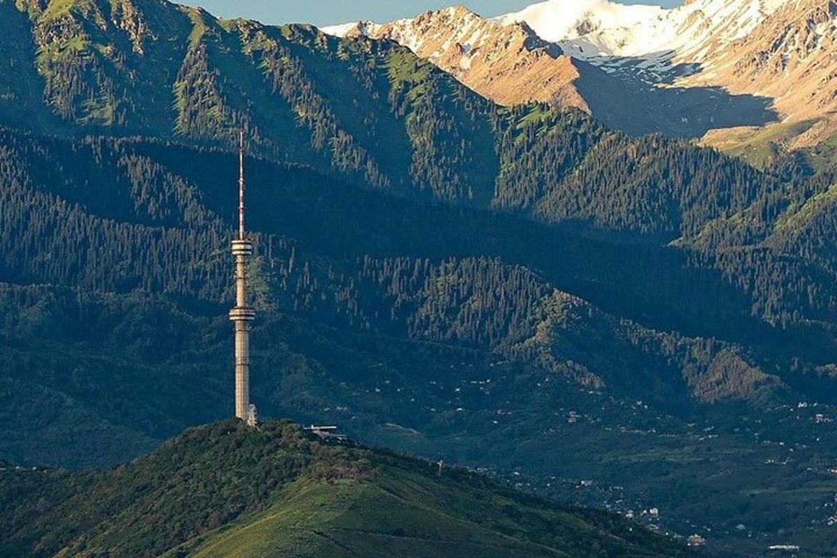 a pole on top of a hill with a mountain