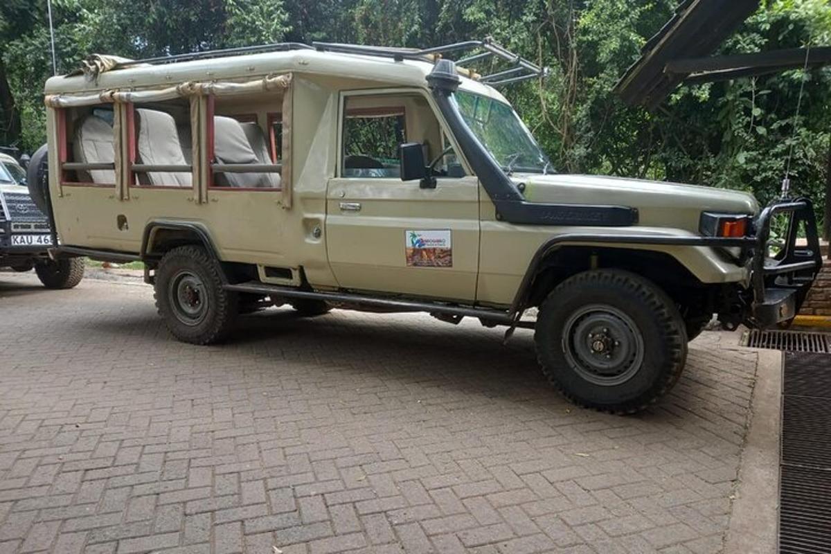 una jeep marrone parcheggiata su una strada lastricata