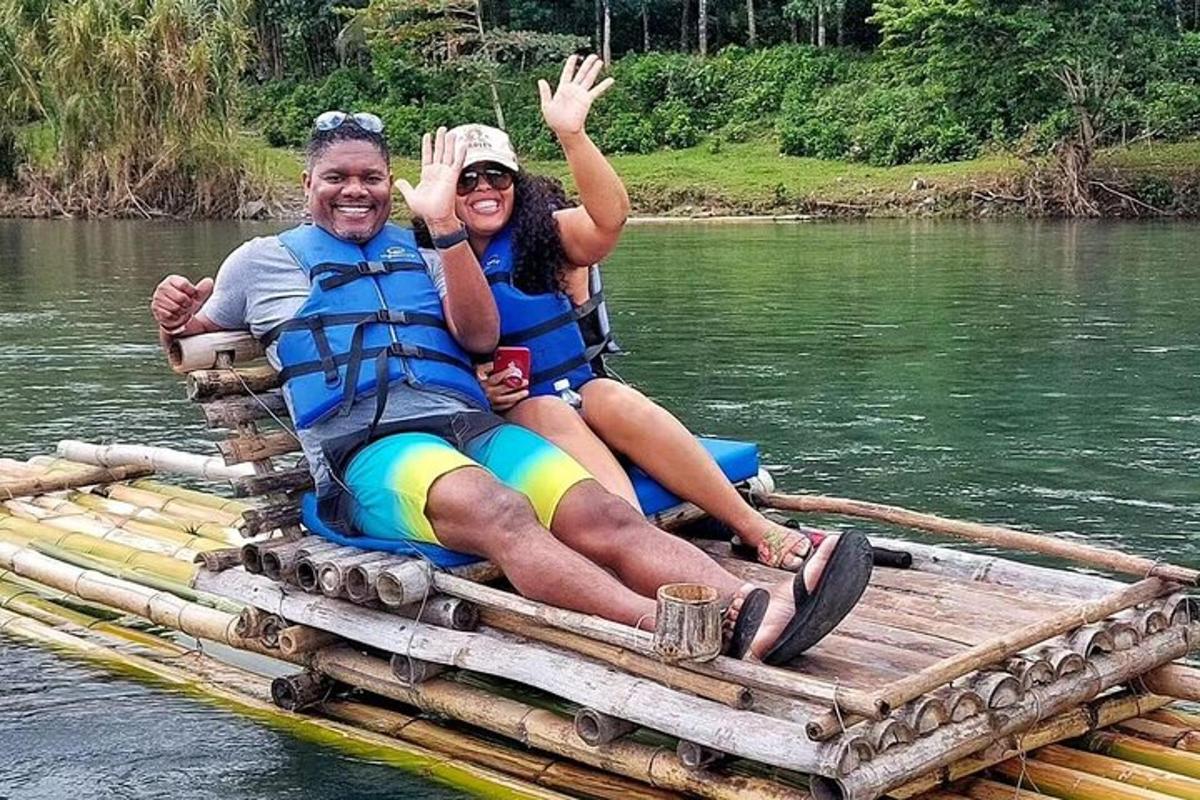 a man and woman sitting on a raft on a river