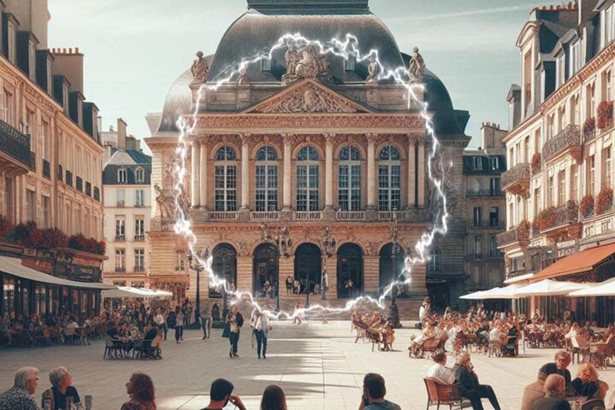 a large building with a crowd of people in front of it