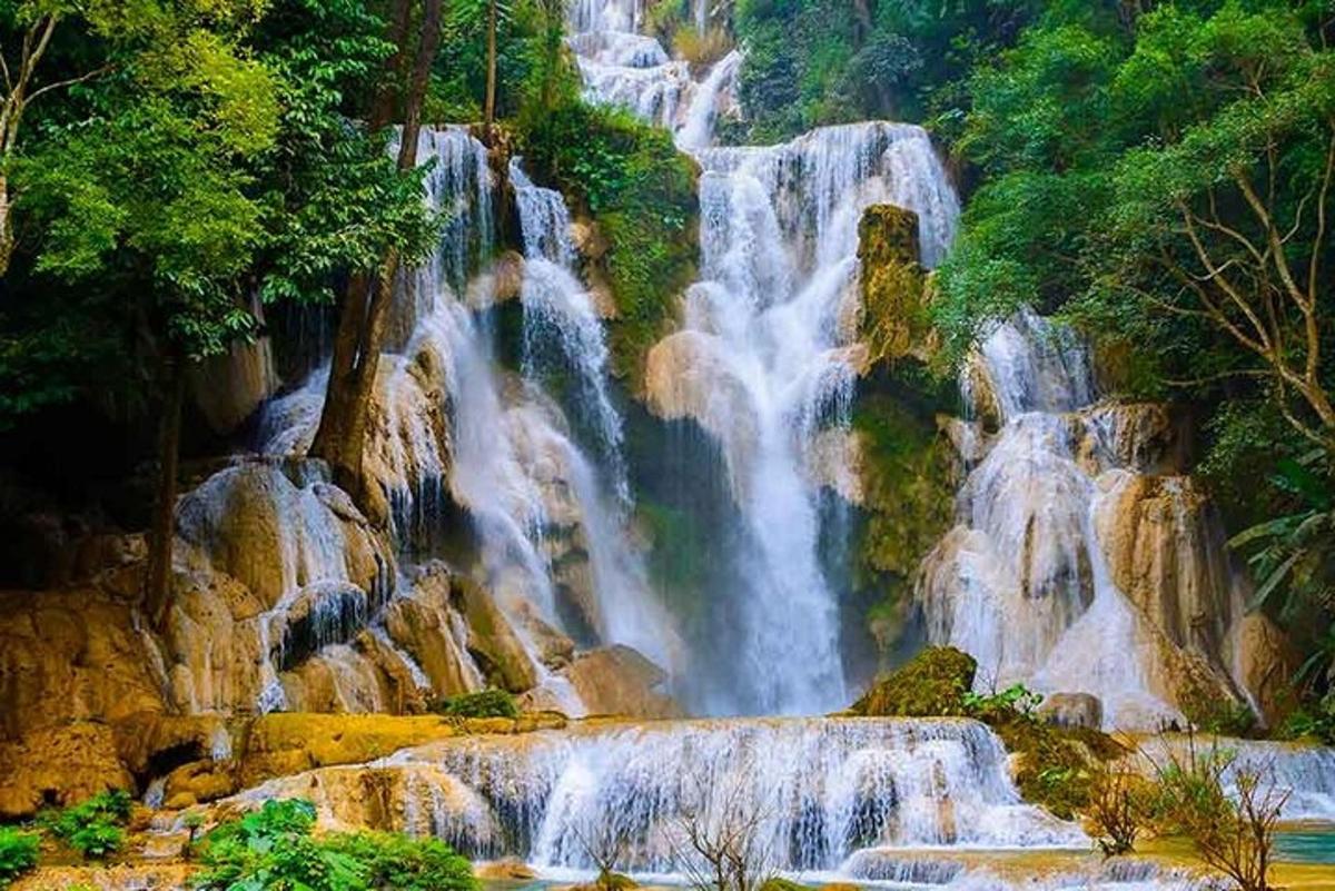 una cascata in mezzo a una montagna con alberi