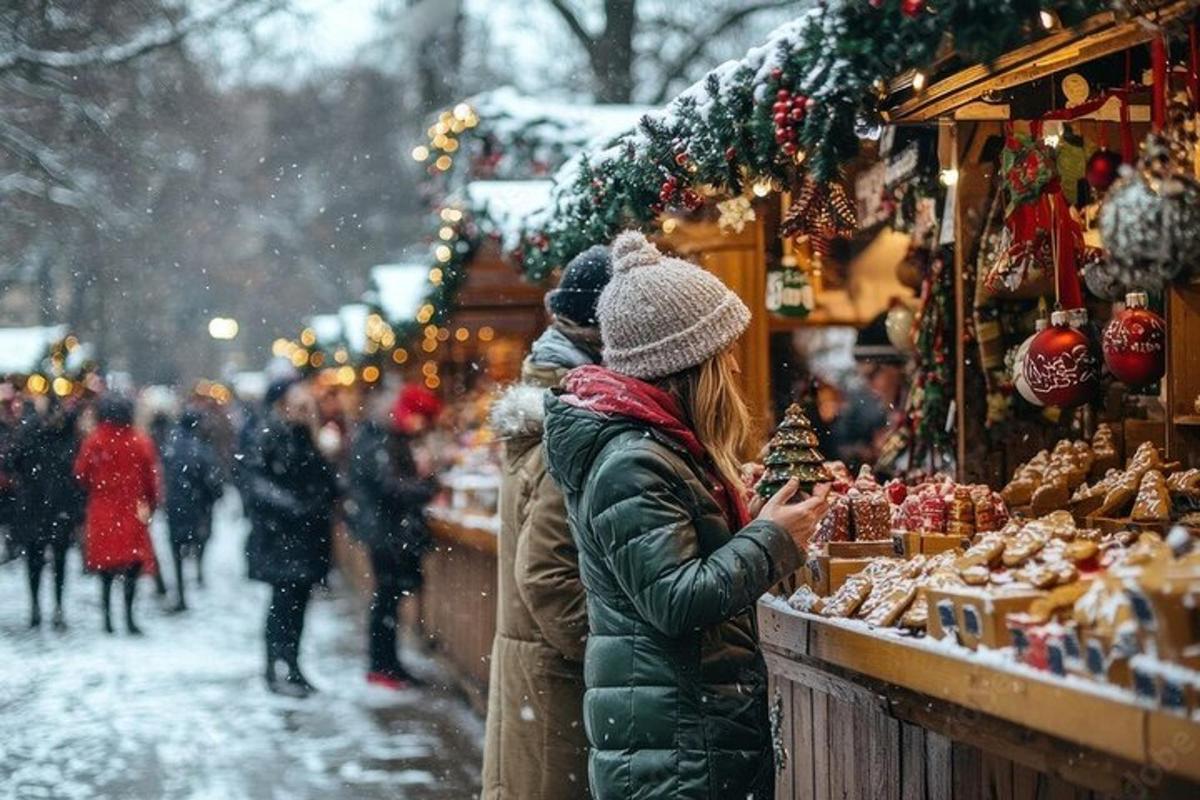dues persones dempeus davant d'un mercat de Nadal