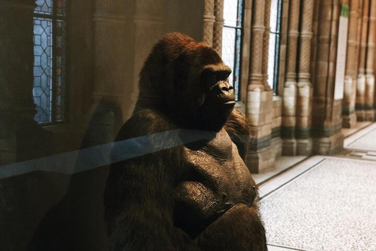 una statua di gorilla seduta davanti a un edificio