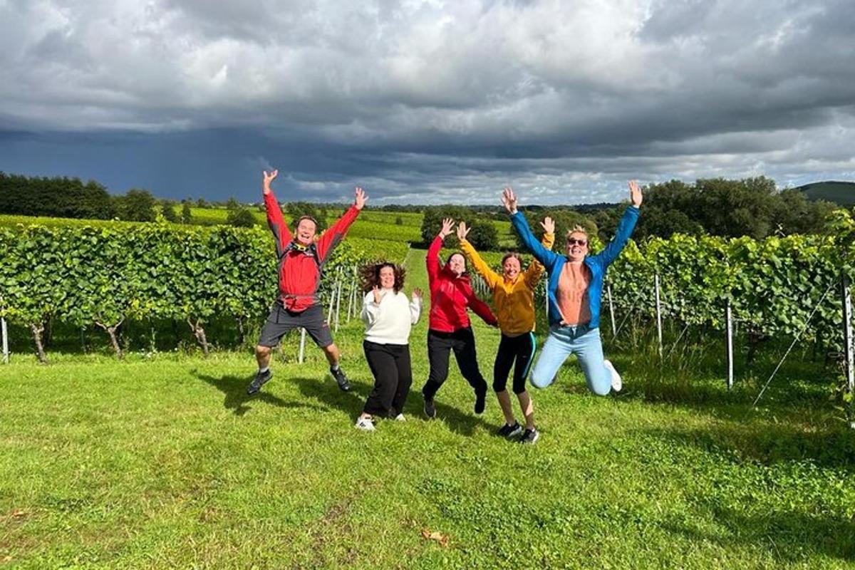 a group of people jumping in a field with their hands in the air
