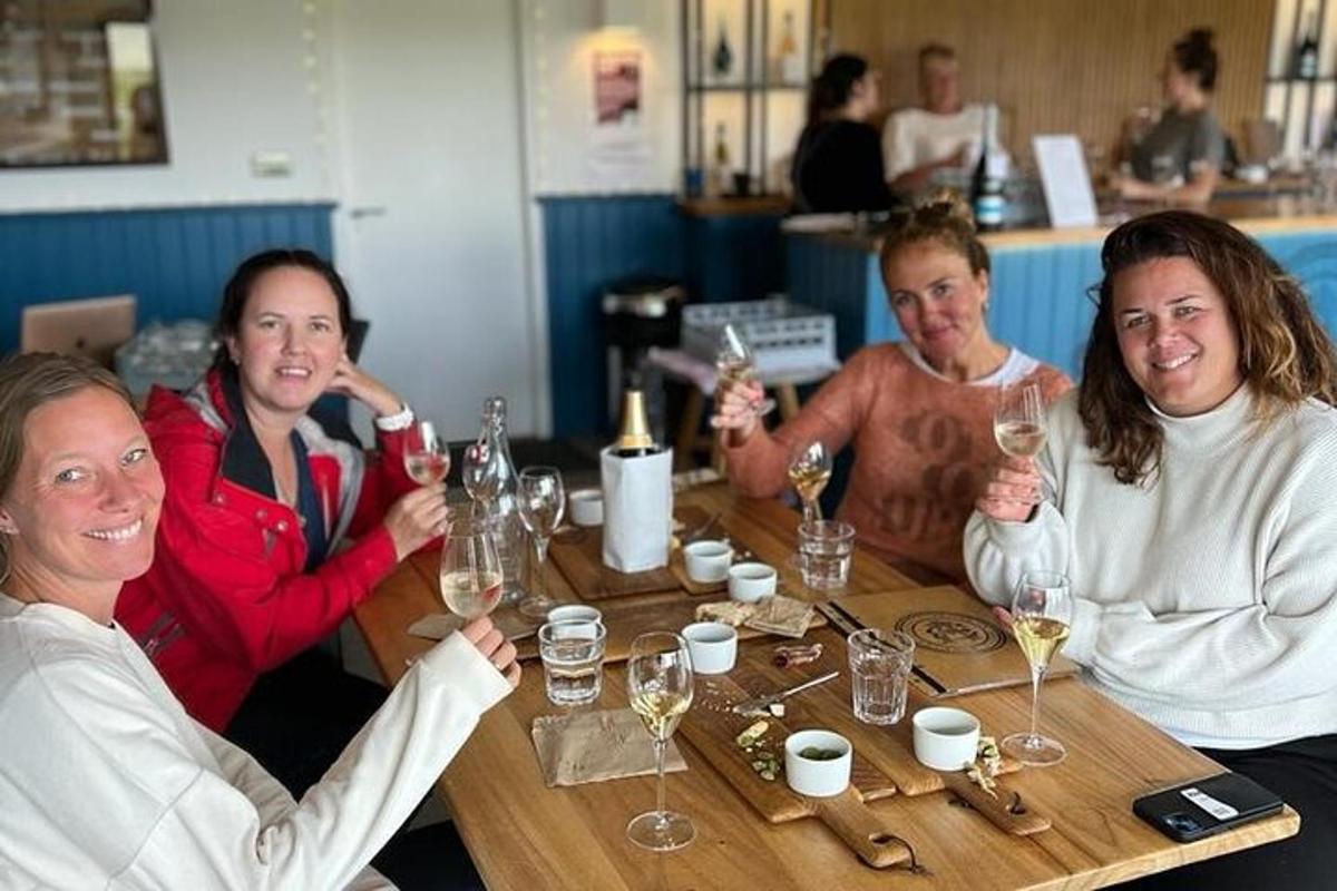 um grupo de mulheres sentadas ao redor de uma mesa com taças de vinho