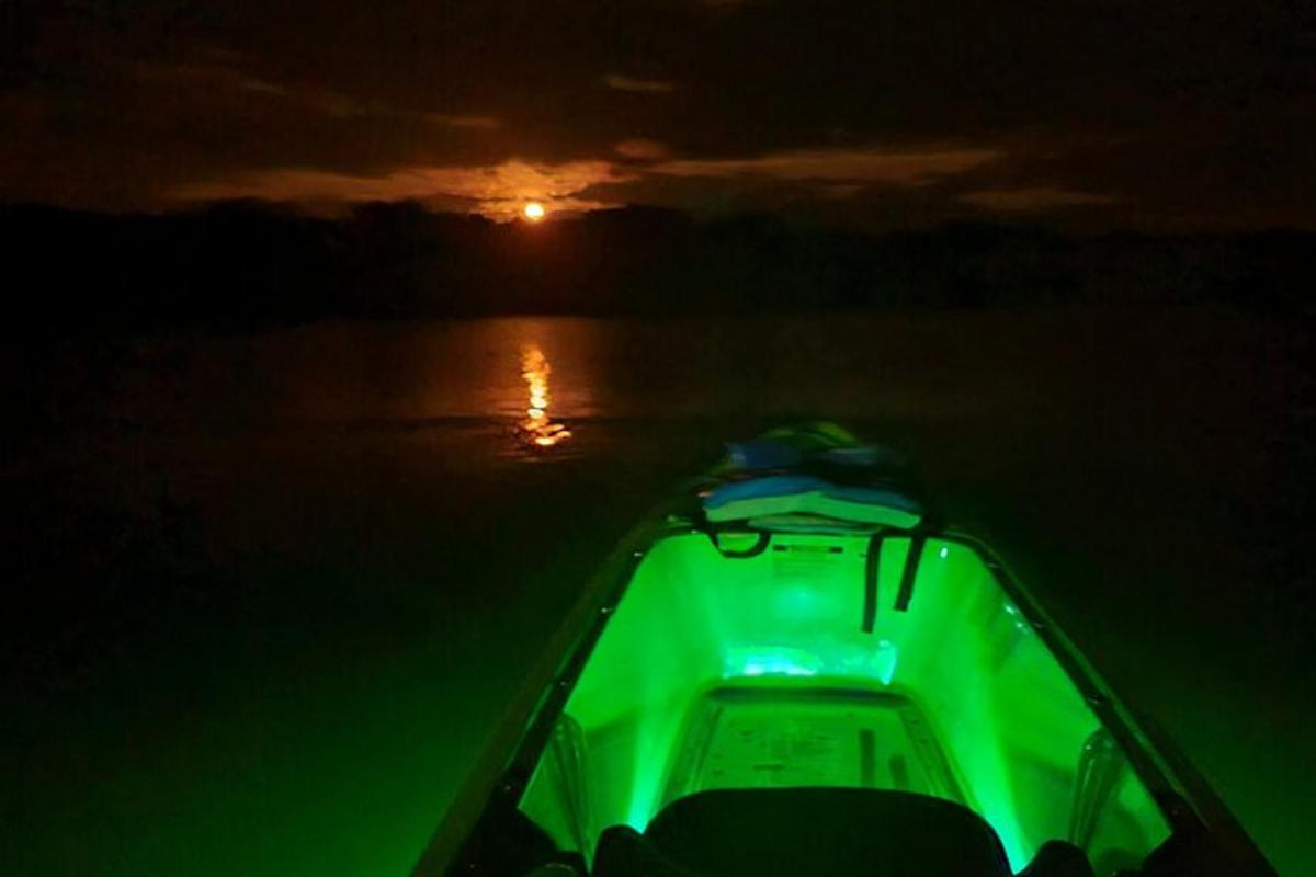 a view of the back of a boat in the water at night