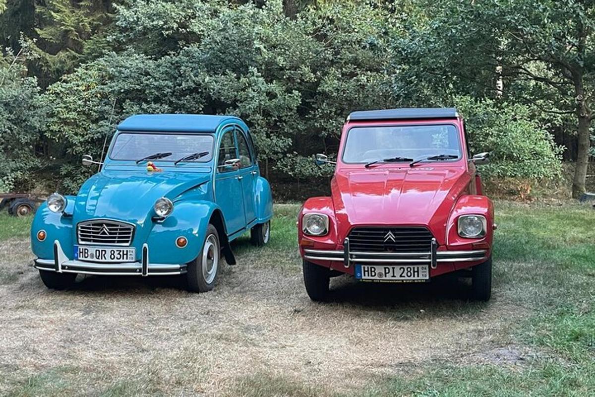 two old trucks parked next to each other in a field