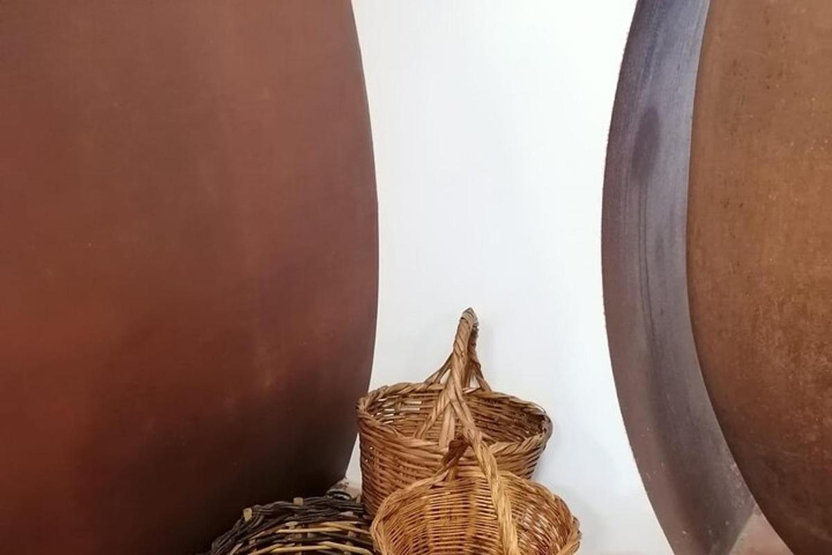 due cesti di vimini sono appoggiati accanto a un muro