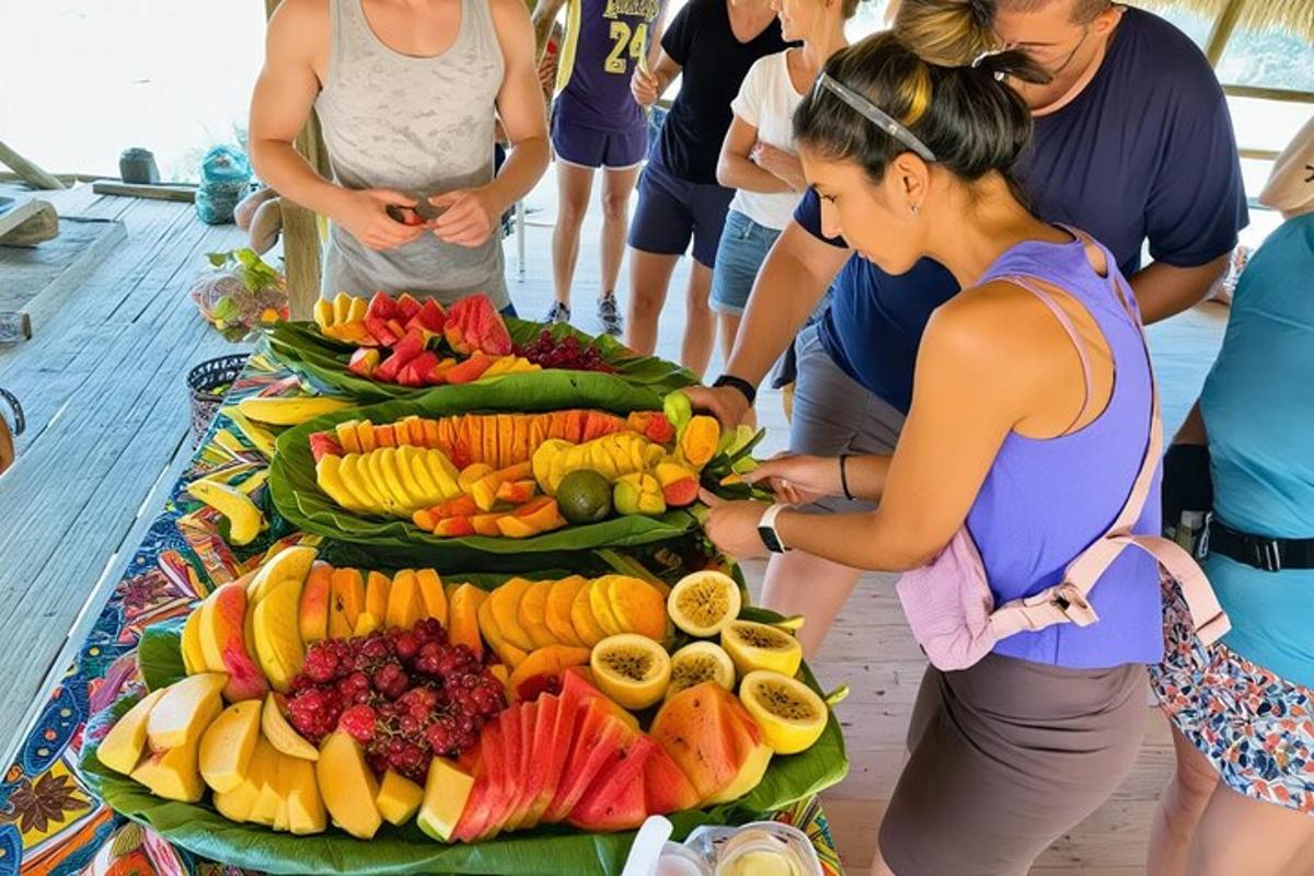 skupina ljudi, ki stojijo okoli razstavljenega sadja