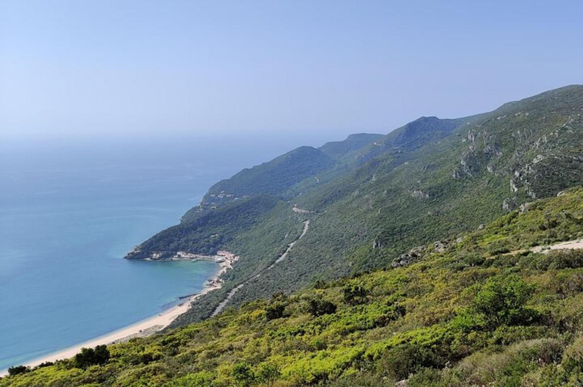 pohled na kopec s pláží a oceánem