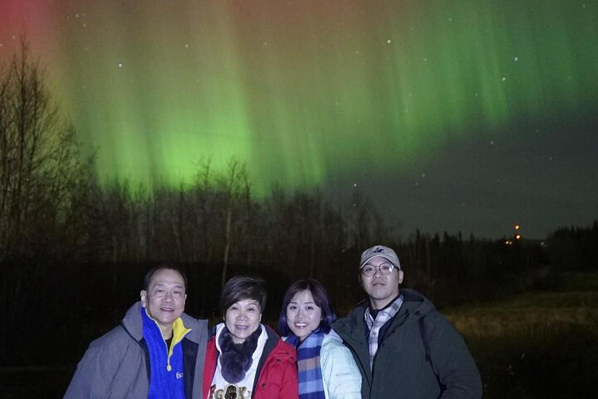 un grup de oameni care stă sub aurora boreală