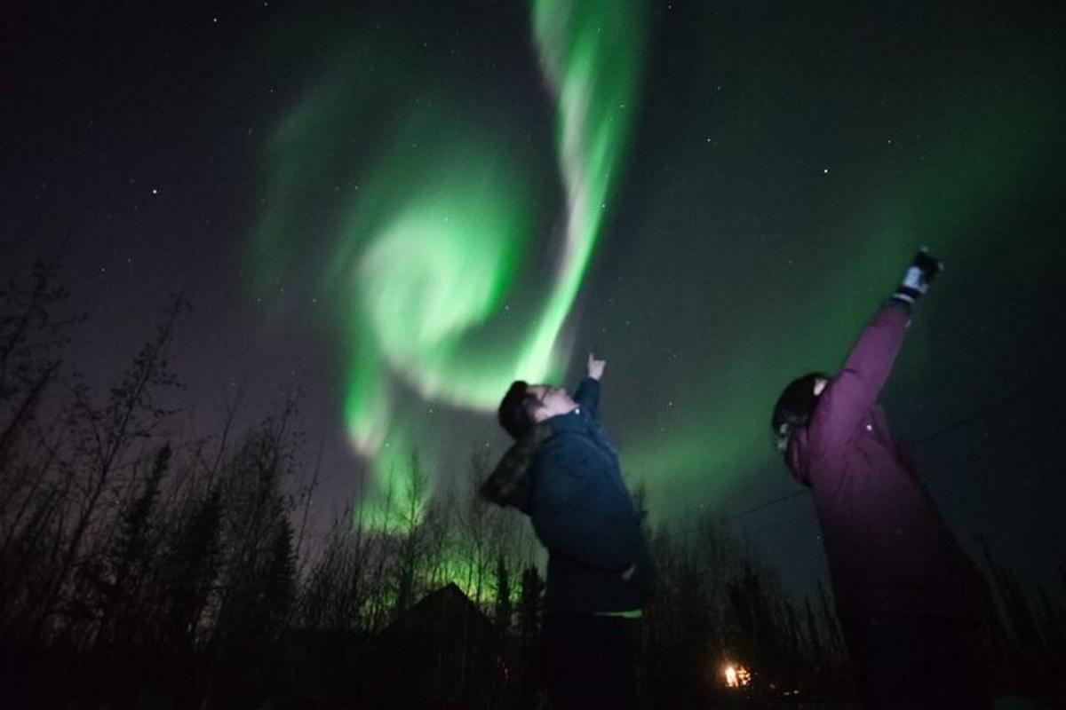 două persoane care privesc în sus spre aurora boreală pe cer