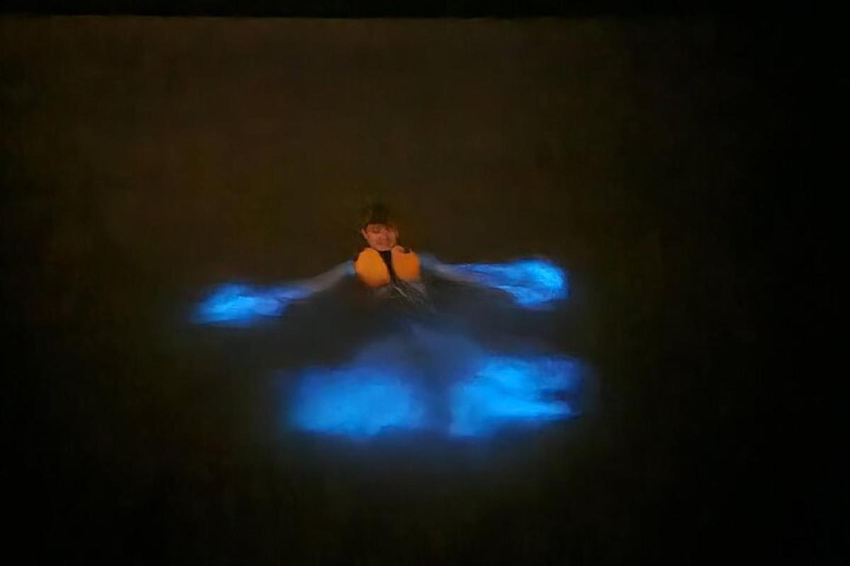 una persona en la oscuridad con una tabla de surf
