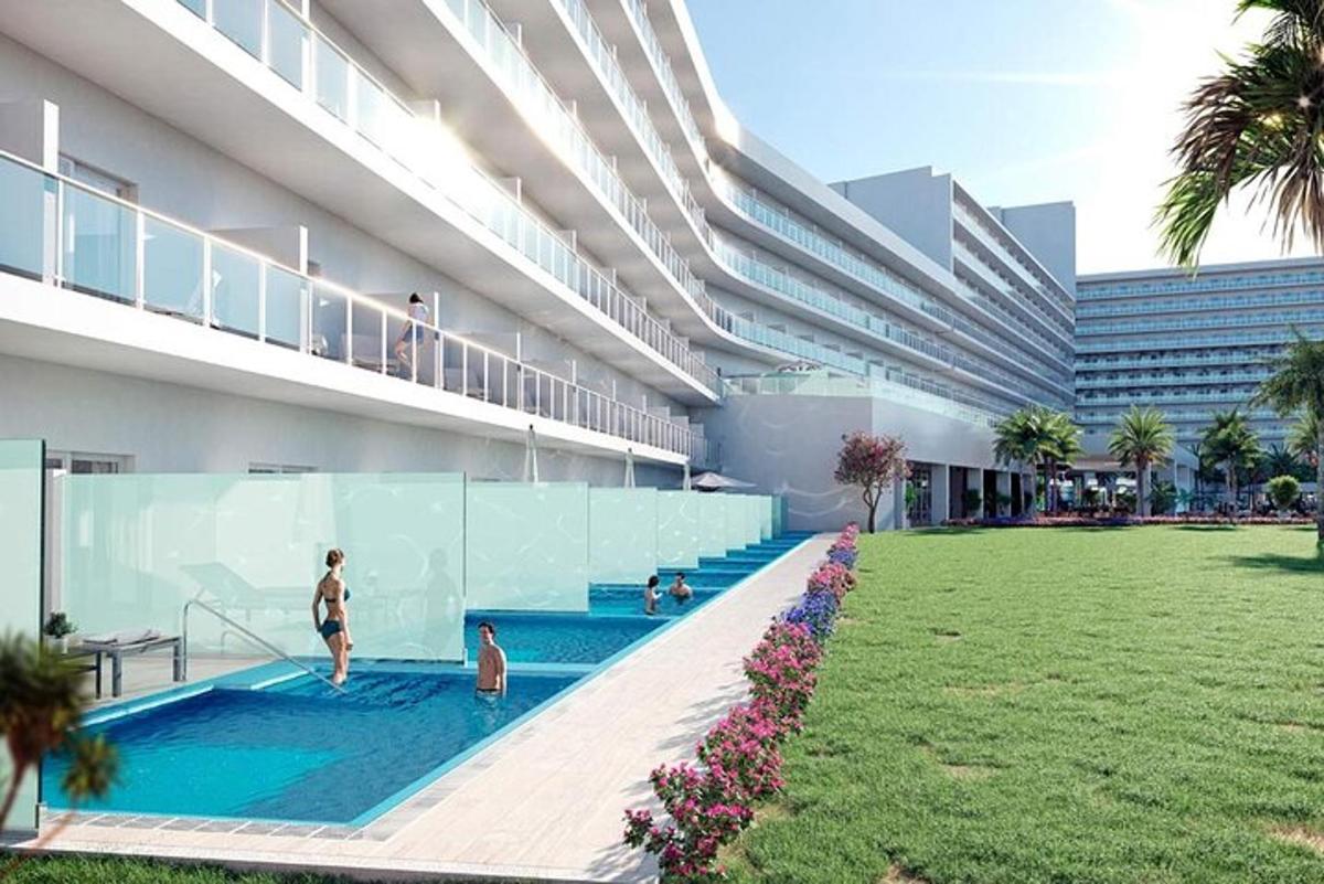 uma representação de um edifício com piscina