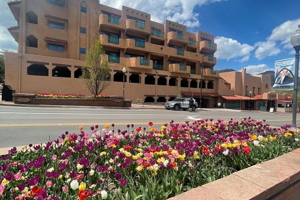 a flower bed of flowers in front of a building