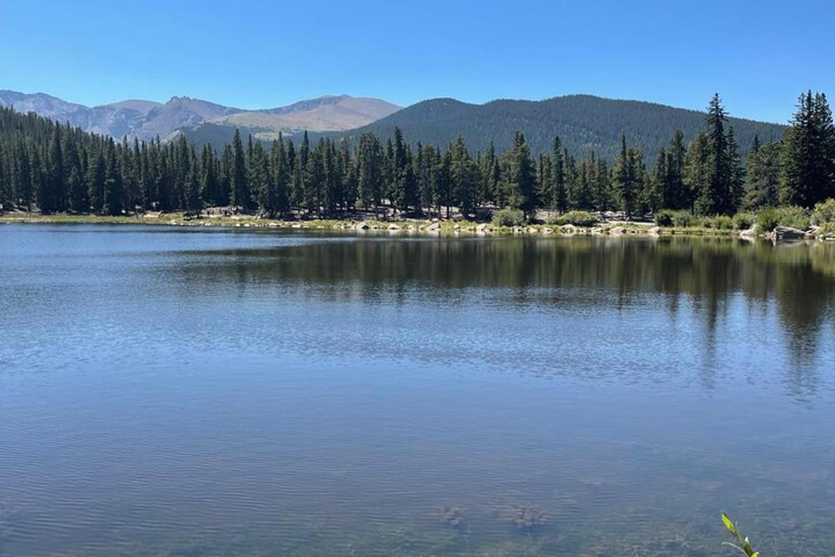 a large lake with trees and mountains in the background