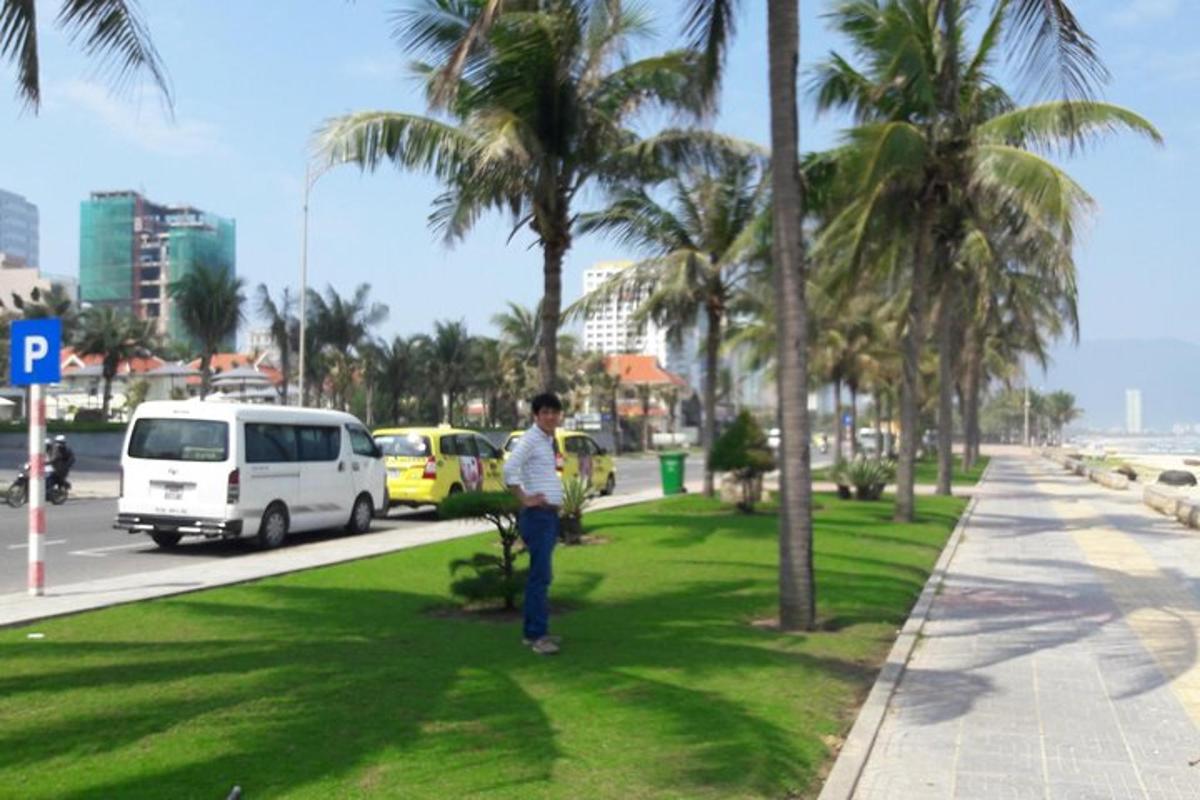 seorang lelaki berdiri di atas rumput berhampiran jalan dengan pokok palma