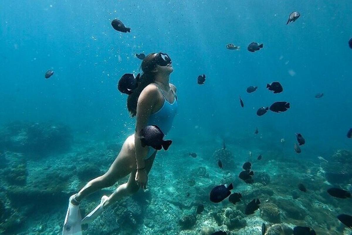Dve ženski se potapljata v oceanu z ribami