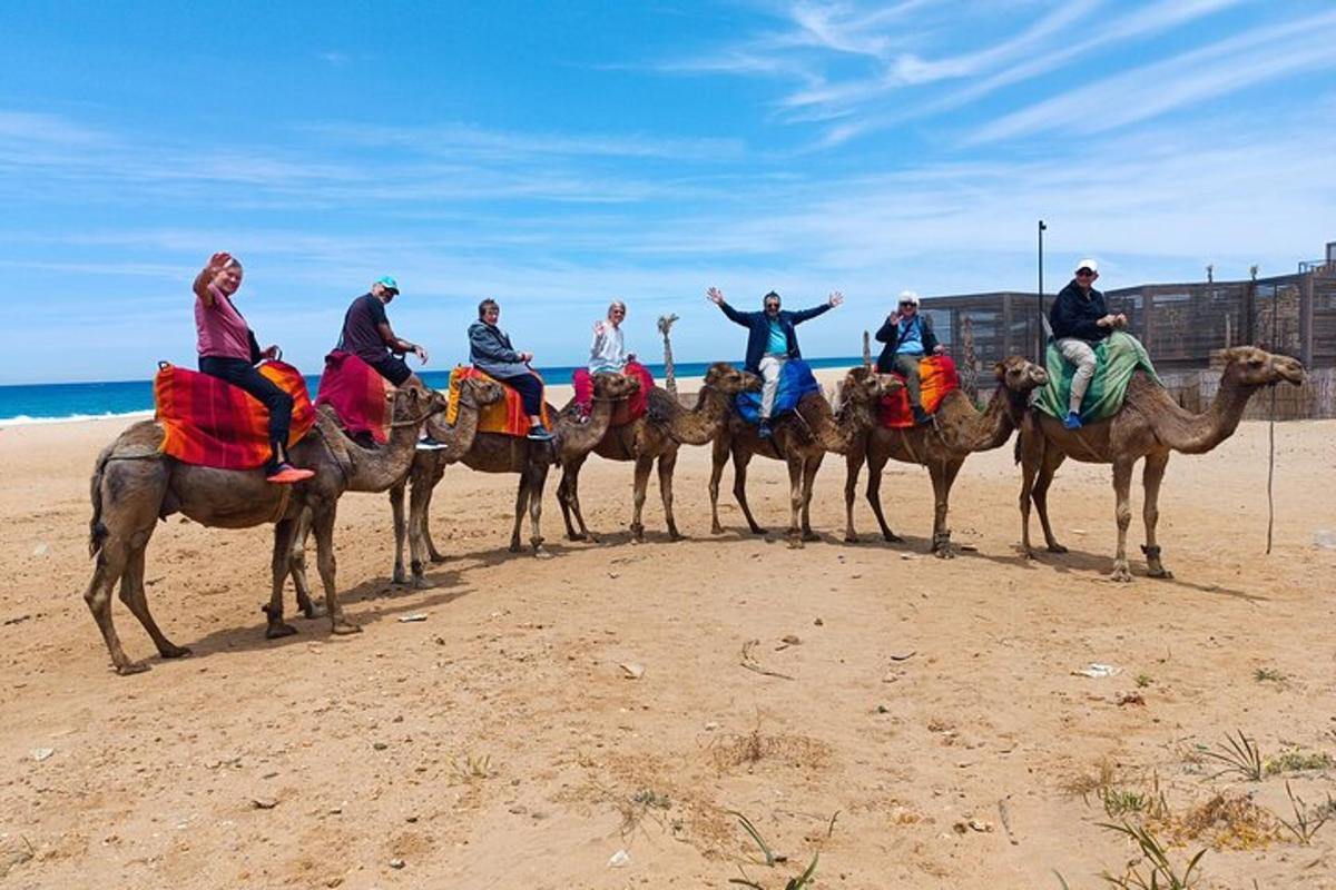 um grupo de pessoas em camelos na praia