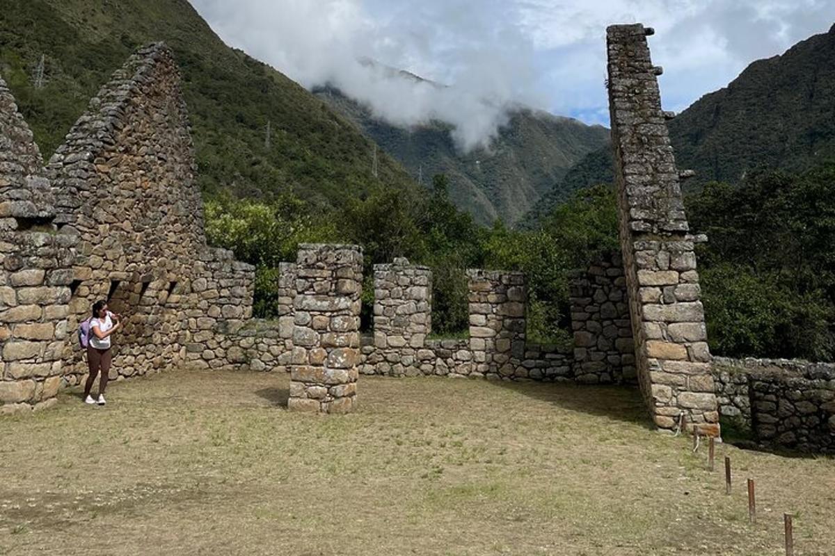 Una persona parada junto a un muro de piedra con montañas al fondo.