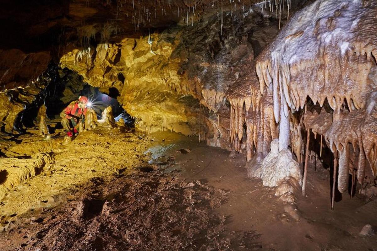 eine Gruppe von Menschen in einer Höhle mit Eisformationen