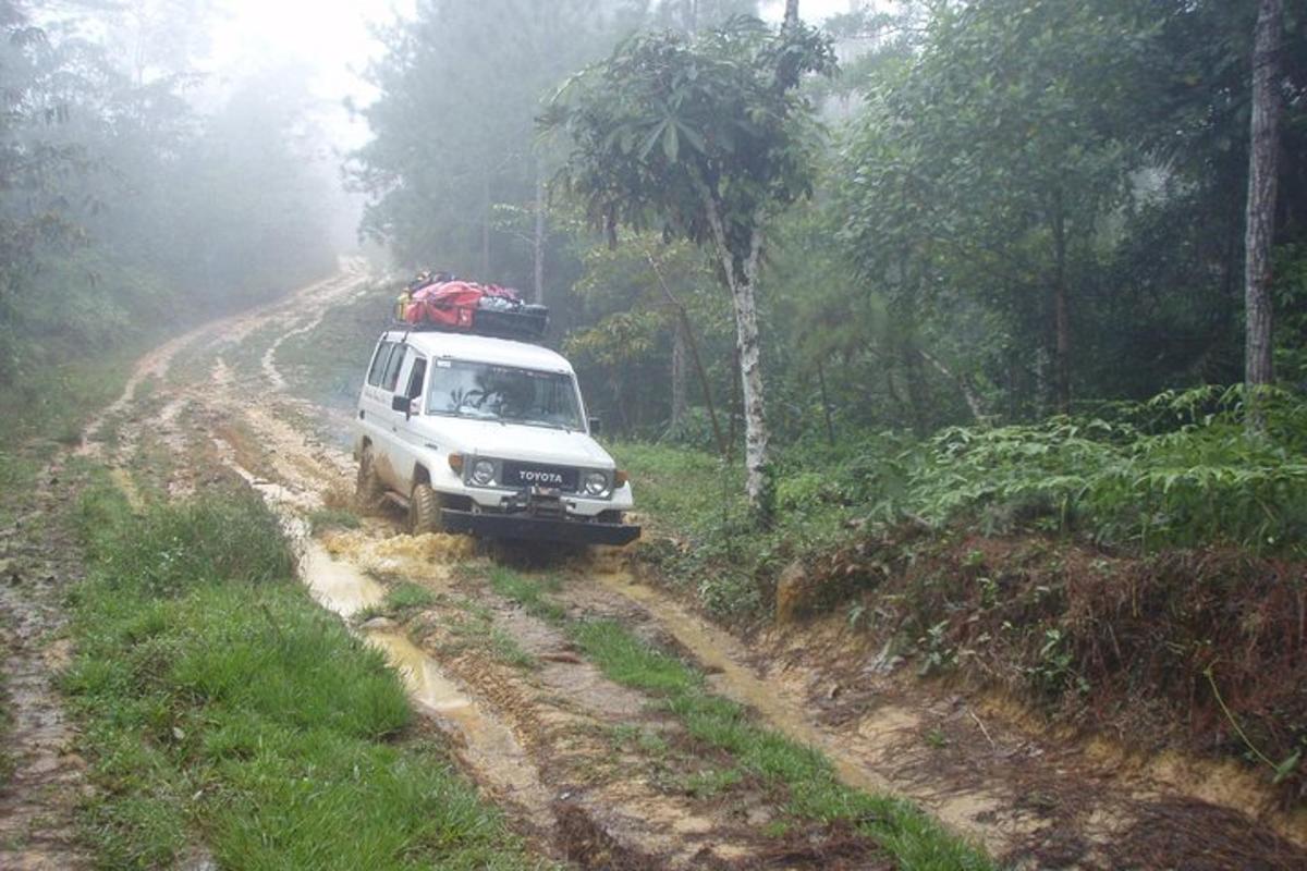una camioneta blanca circulando por un camino de tierra