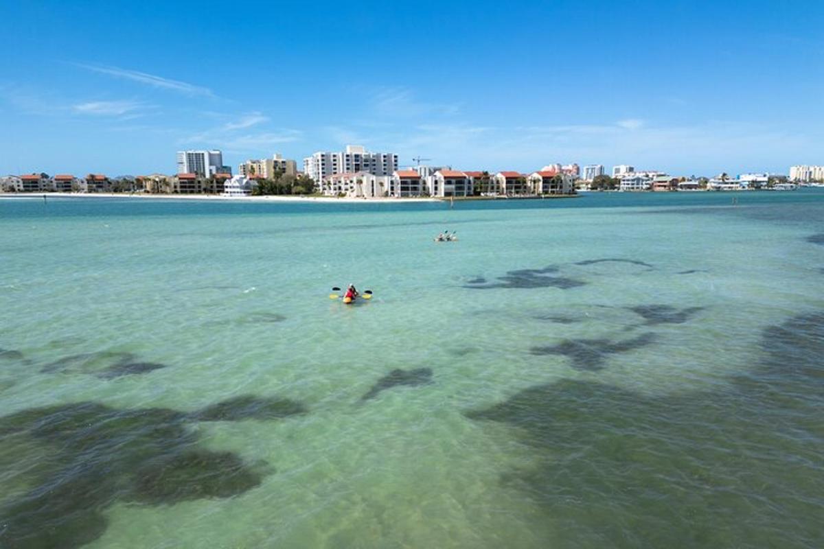 una persona che nuota nell'oceano con una città sullo sfondo