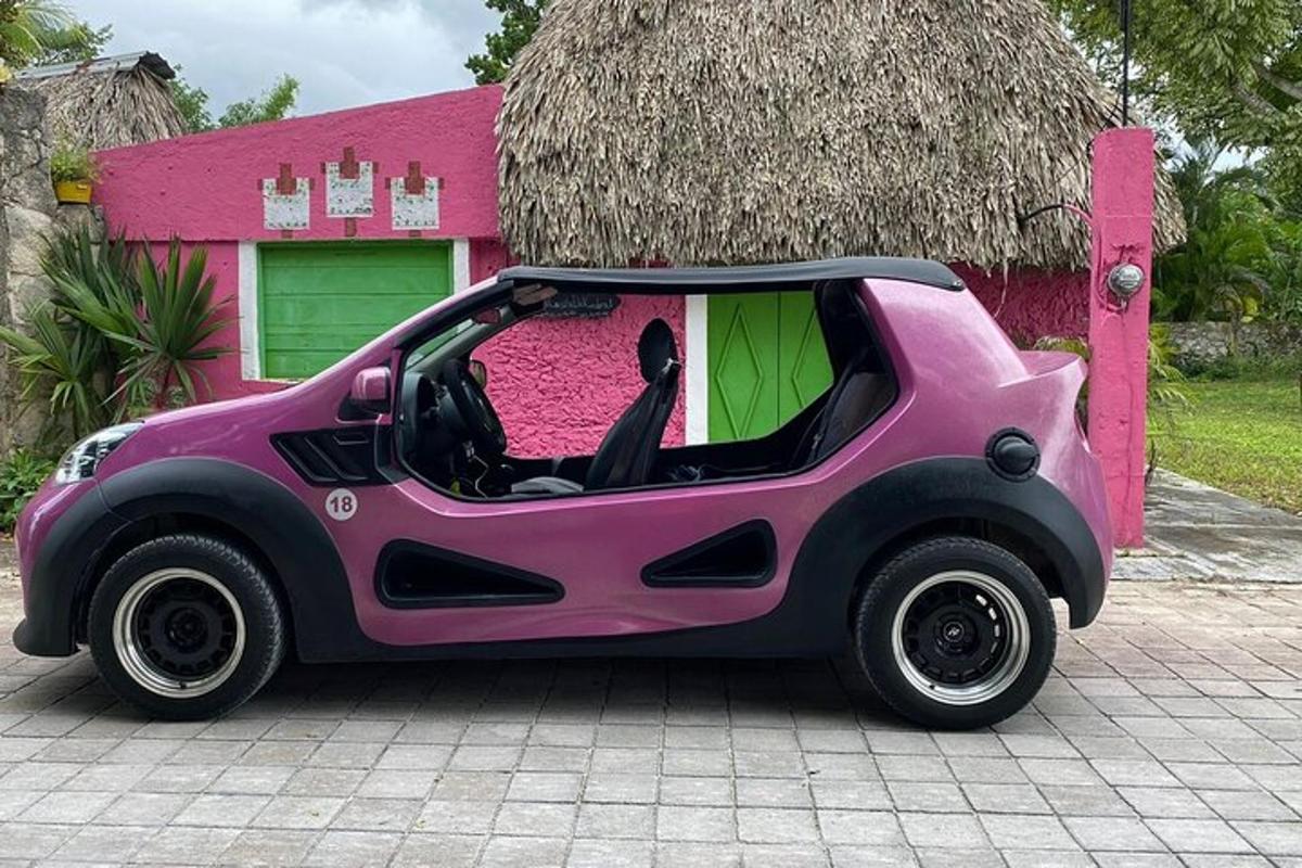 ein rosa Auto, das vor einem rosa Haus geparkt ist