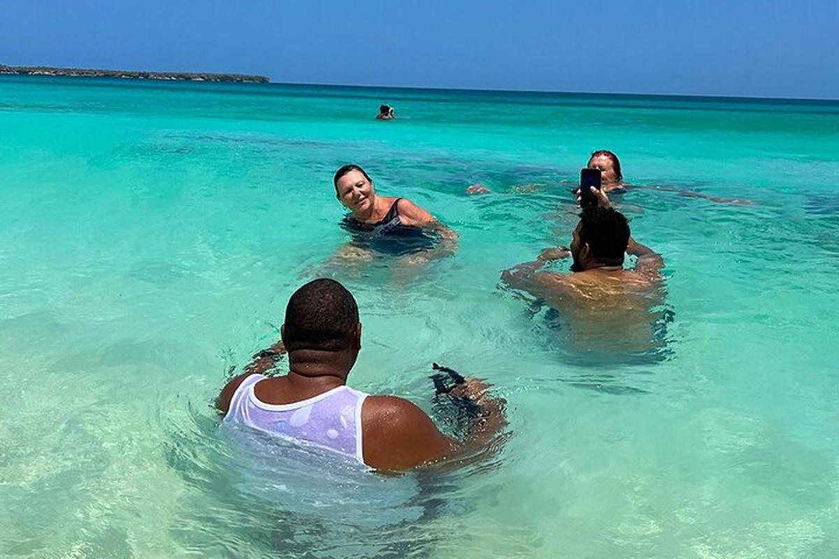 a group of people in the water on the beach