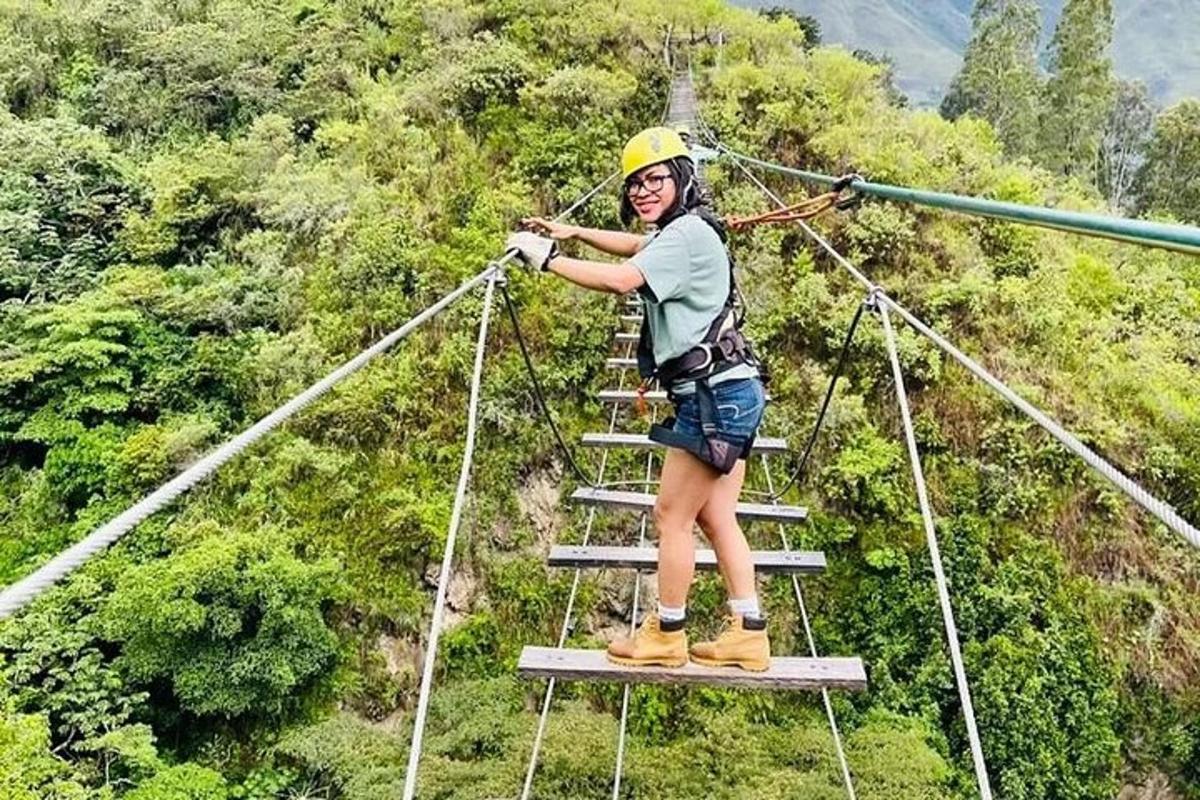 a woman on a suspension bridge in the jungle