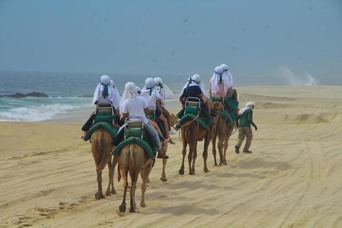 een groep mensen die op paarden op het strand rijden