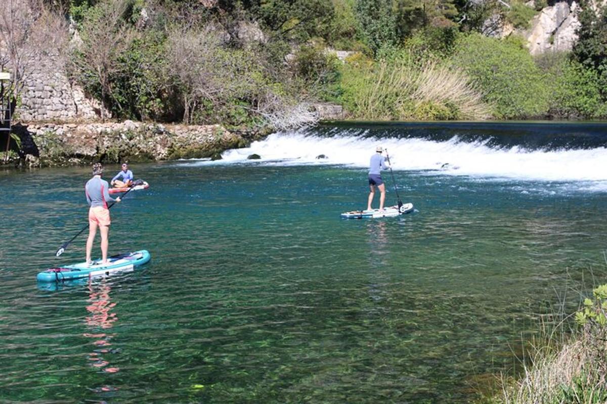 trei persoane stau pe plăci de paddle într-un râu