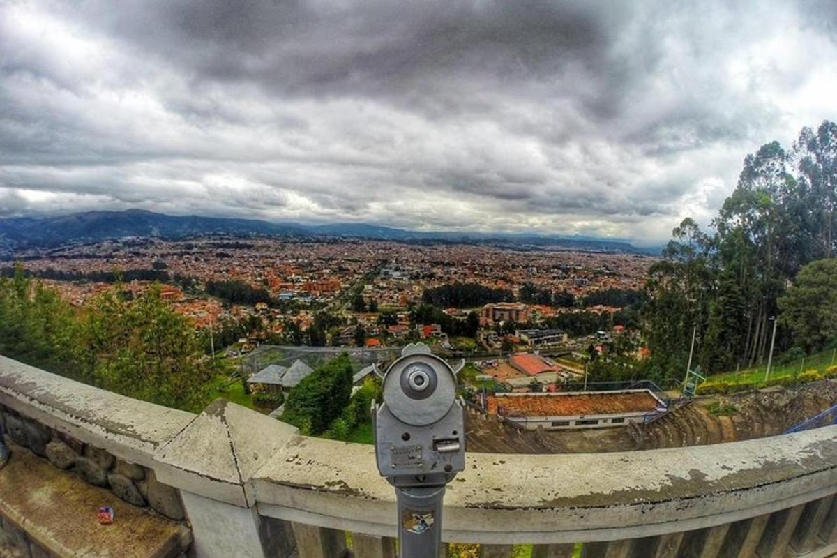 a parking meter on a ledge with a view of a city