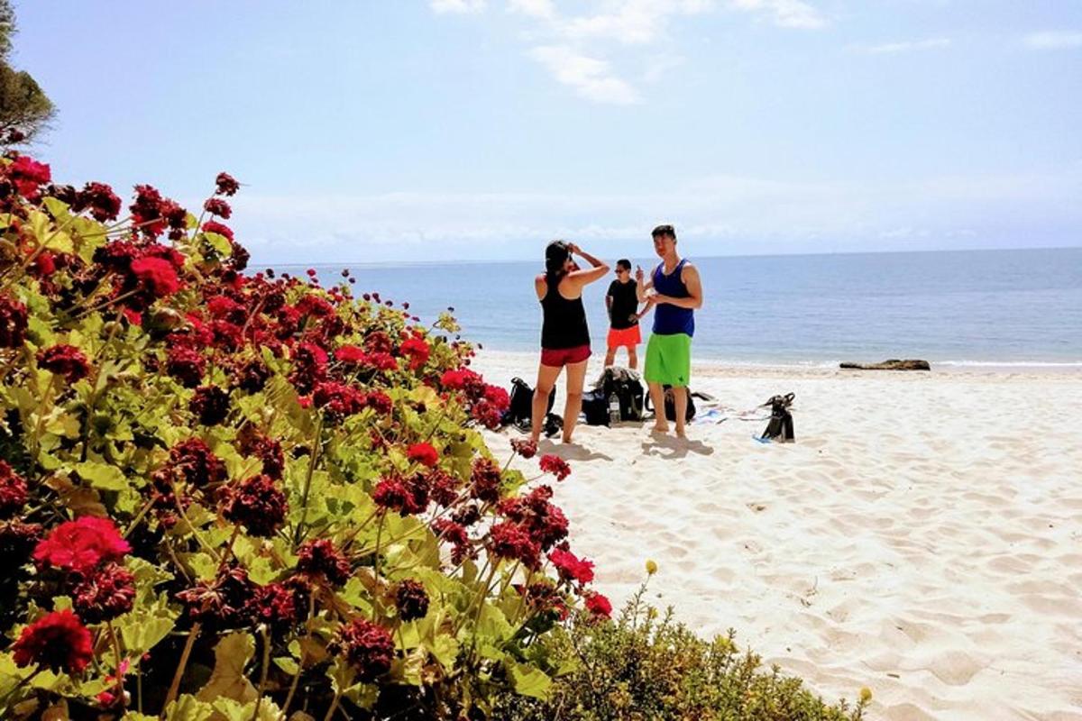 sekumpulan orang berdiri di pantai dengan bunga