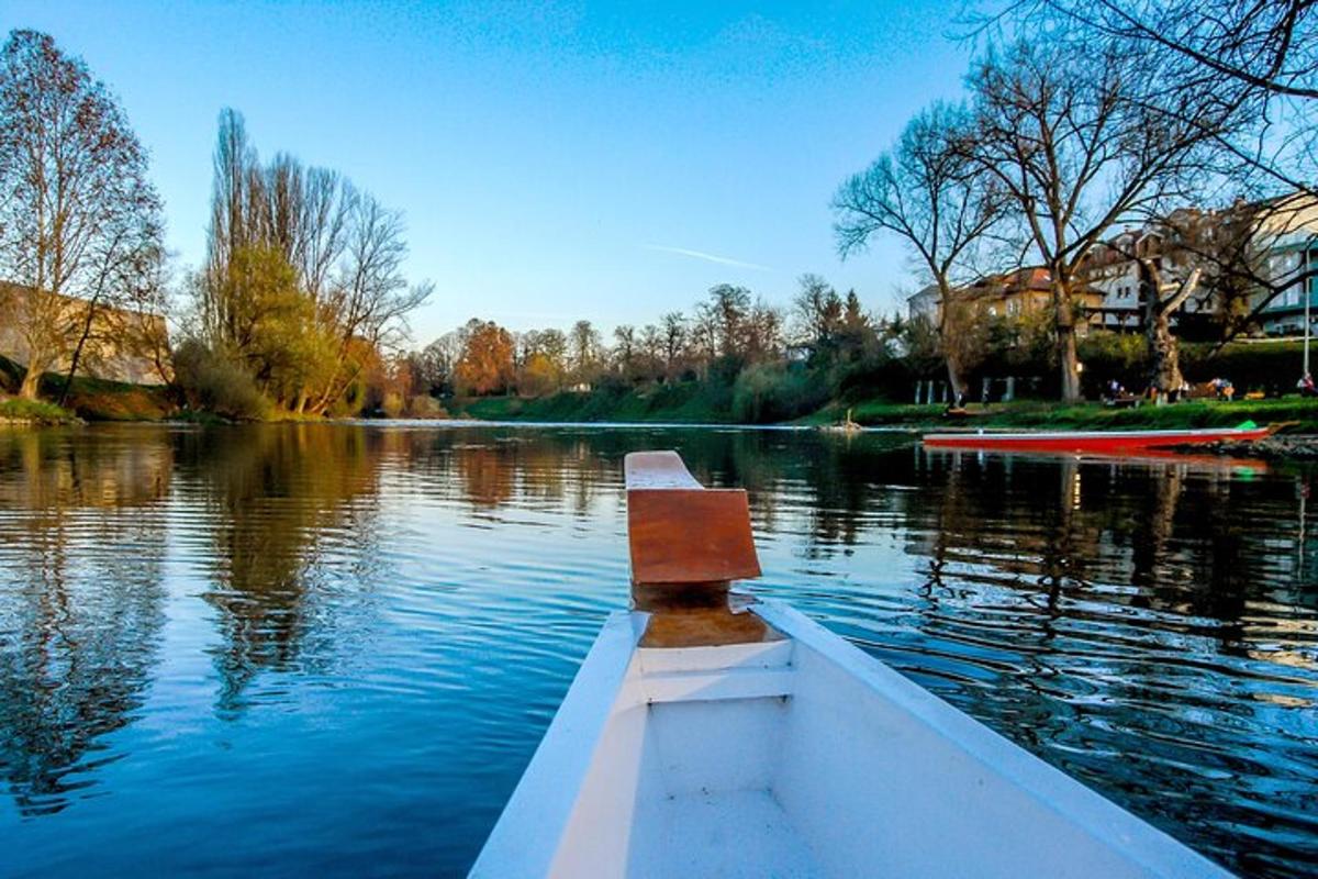 a boat on a river with trees and houses