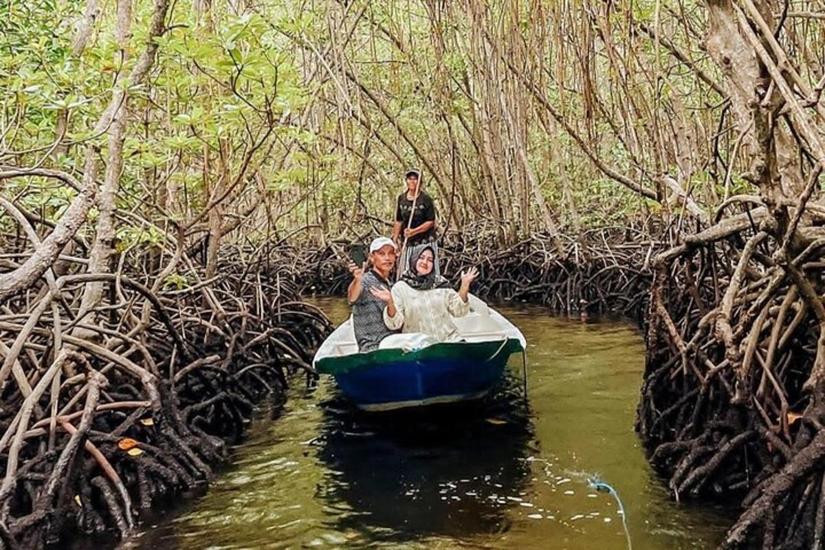 zwei Personen in einem Boot in einem Mangrovenwald