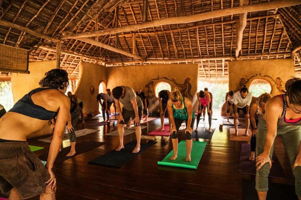 a group of people in a yoga class