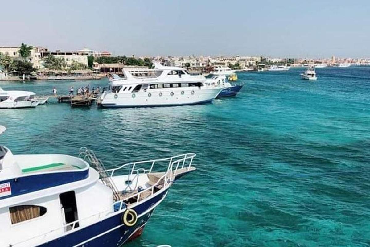 um grupo de barcos atracados em um corpo d'água