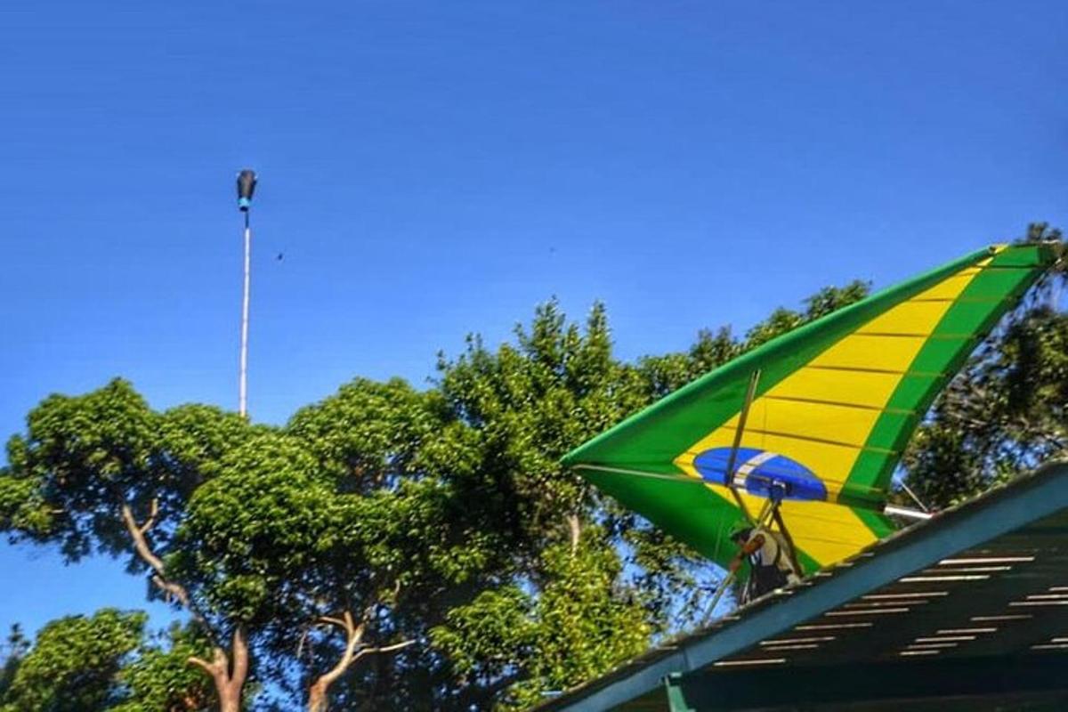 payung hijau dan kuning di hadapan pokok