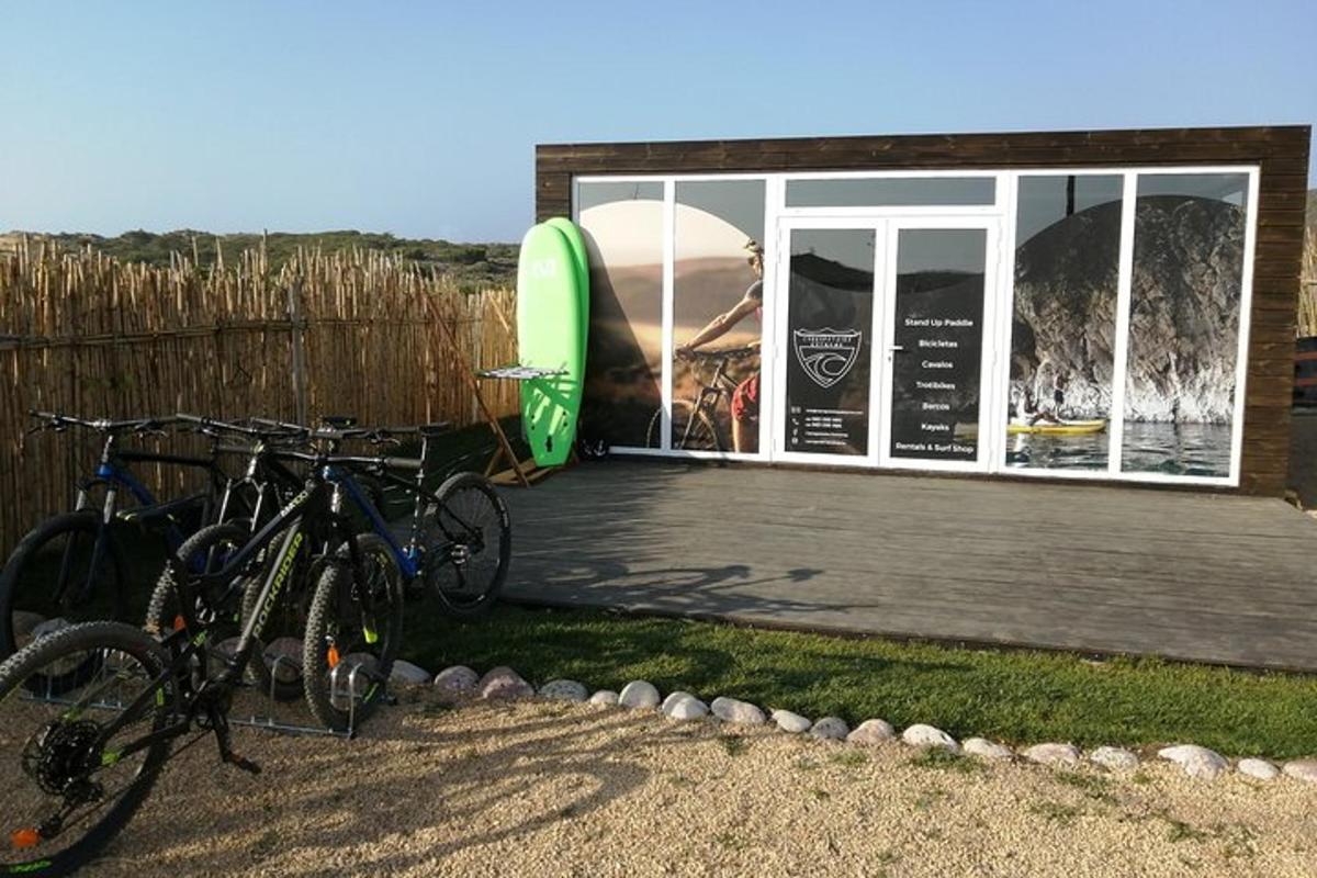 Dos bicicletas estacionadas al lado de un edificio con una tabla de surf