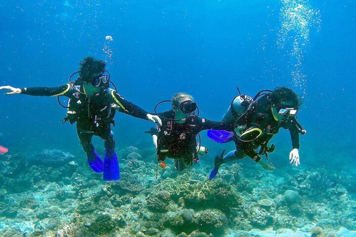 três pessoas estão mergulhando no oceano