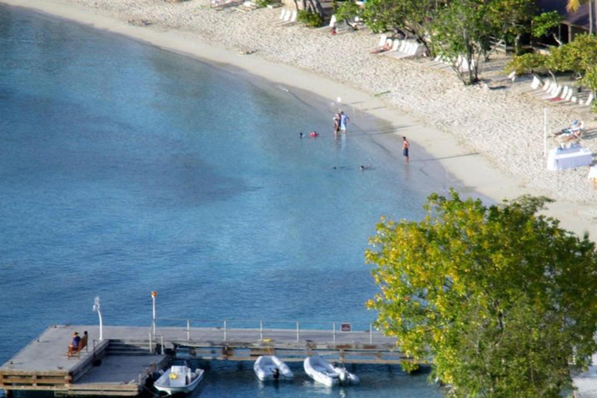 a dock with swans in the water next to a beach
