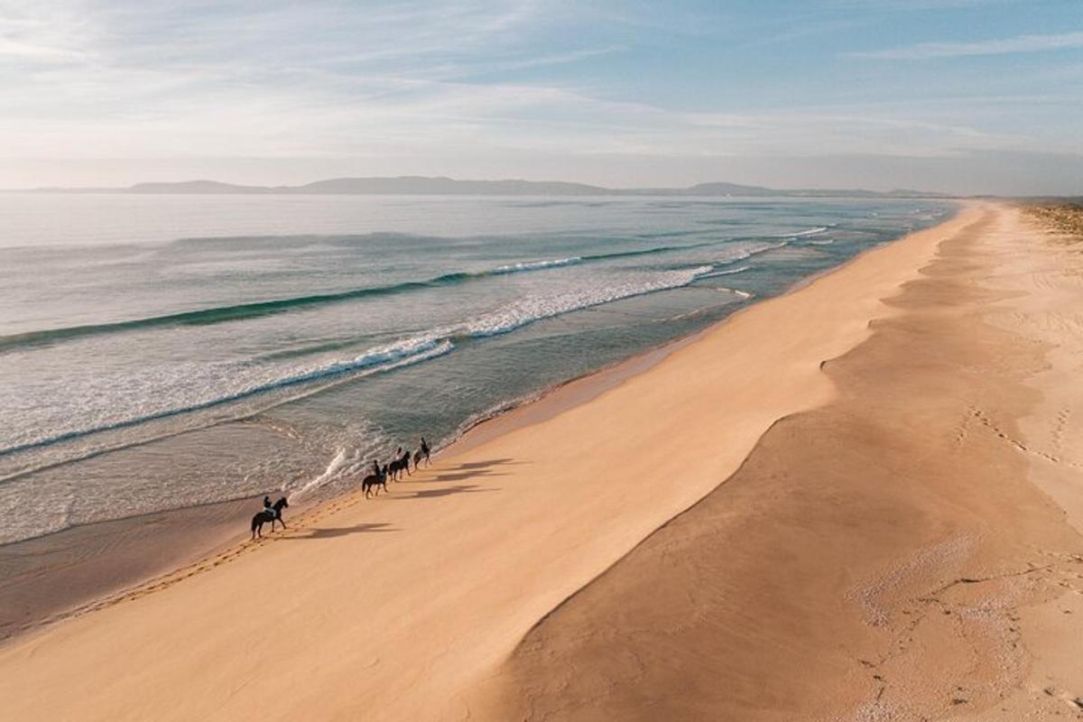 un grup de persones muntant a cavall a la platja