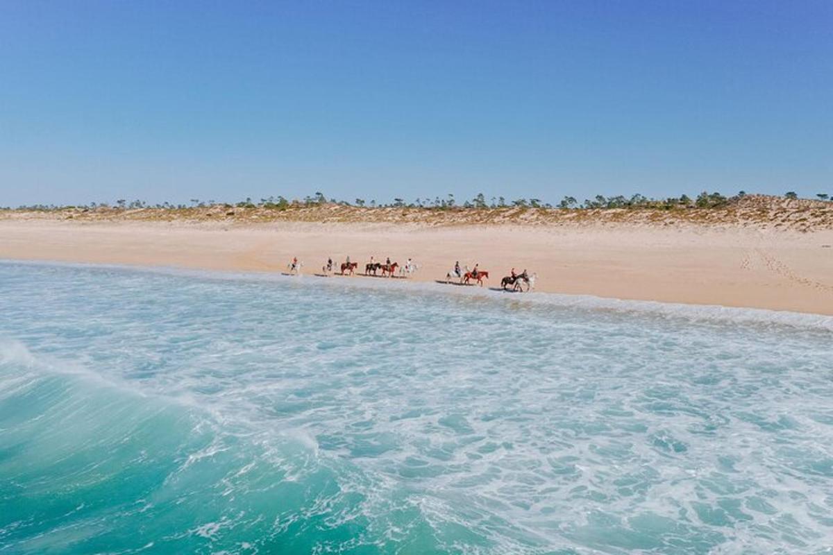 un grup de persones muntant a cavall a la platja