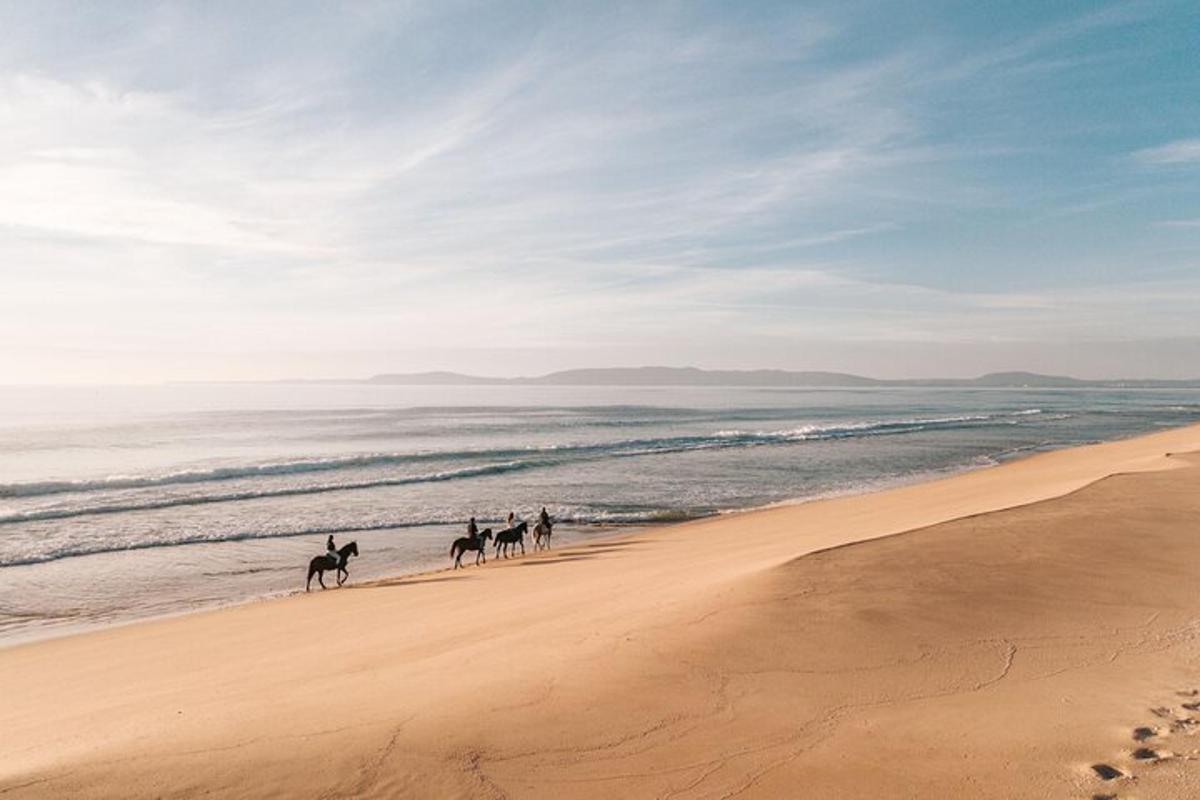 un grup de persones muntant a cavall a la platja