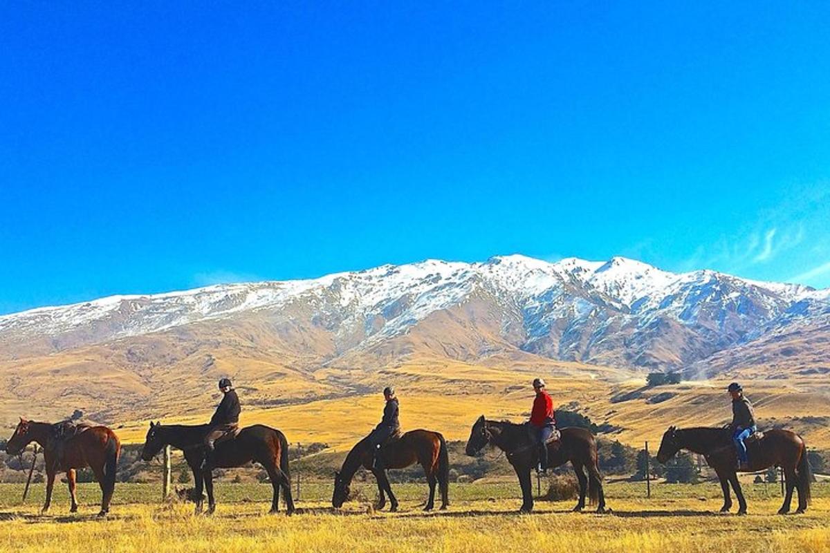 um grupo de pessoas andando a cavalo nas montanhas