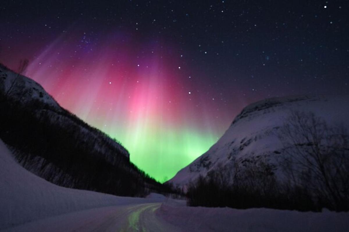 aurora di langit di atas jalan bersalji