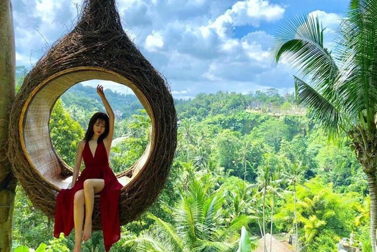 a woman sitting in a hanging chair in the jungle